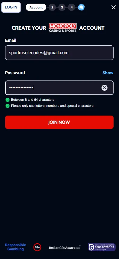 monopoly casino account creation page