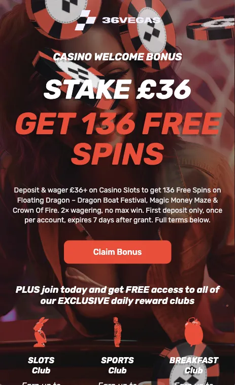 36Vegas Casino welcome offer of 136 free spins