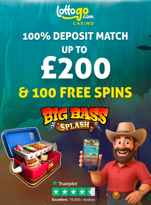 Lottogo promo offer 100% deposit match up to £200 + 100 Free Spins