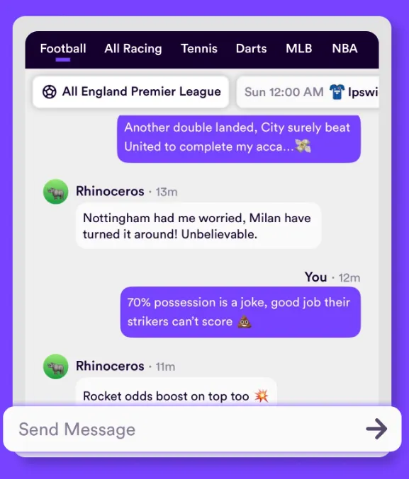 Dabble review of the banter feature. Chat in real-time with other players. Screenshot of the football live chatroom.
