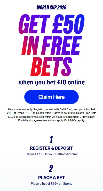 World Cup new-customer offer from Betfred, £50 in free bets.