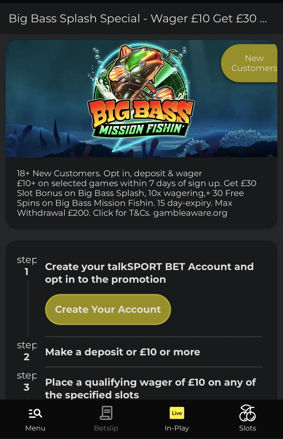 TalkSPORT bet casino offer Big Bass splash 