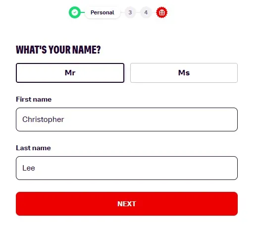 Bally bet registration process: insert your name and surname