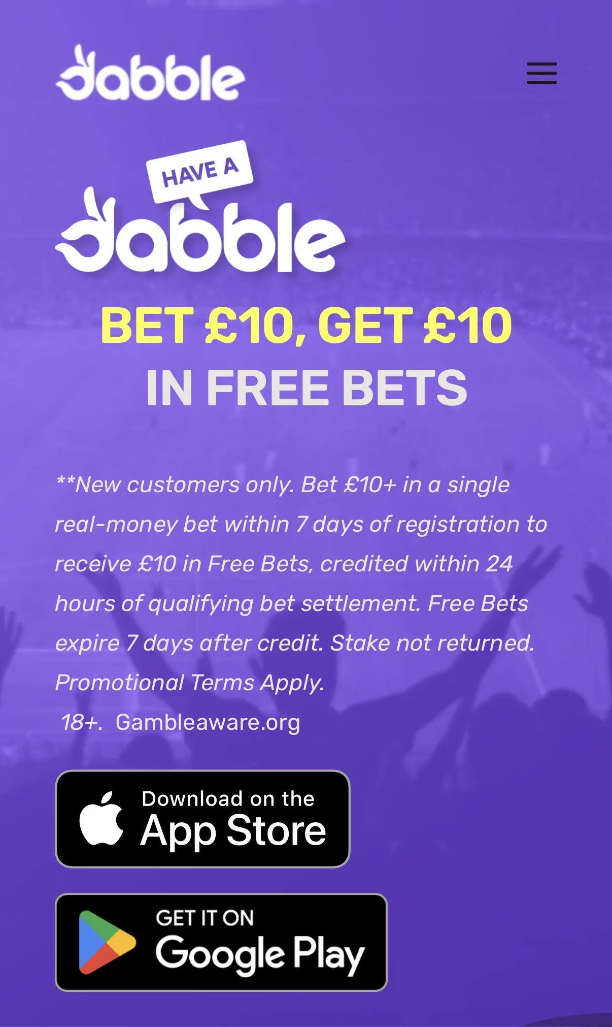 Dabble UK welcome offer bet 10 get 10