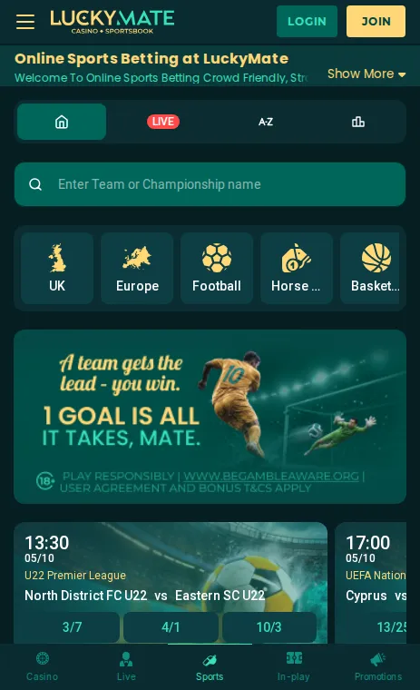 LuckyMate sportsbook on mobile with football odds and a one-goal-lead promotion