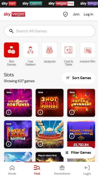 sky vegas games selection