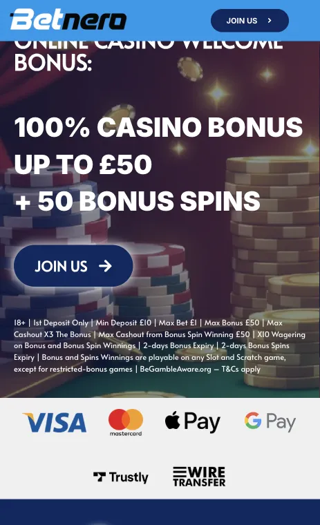 Betnero Casino welcome offer of a 100% bonus up to £50 plus 50 bonus spins