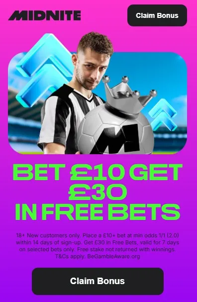 Midnite sports welcome offer: bet £10 get £30 in free bets
