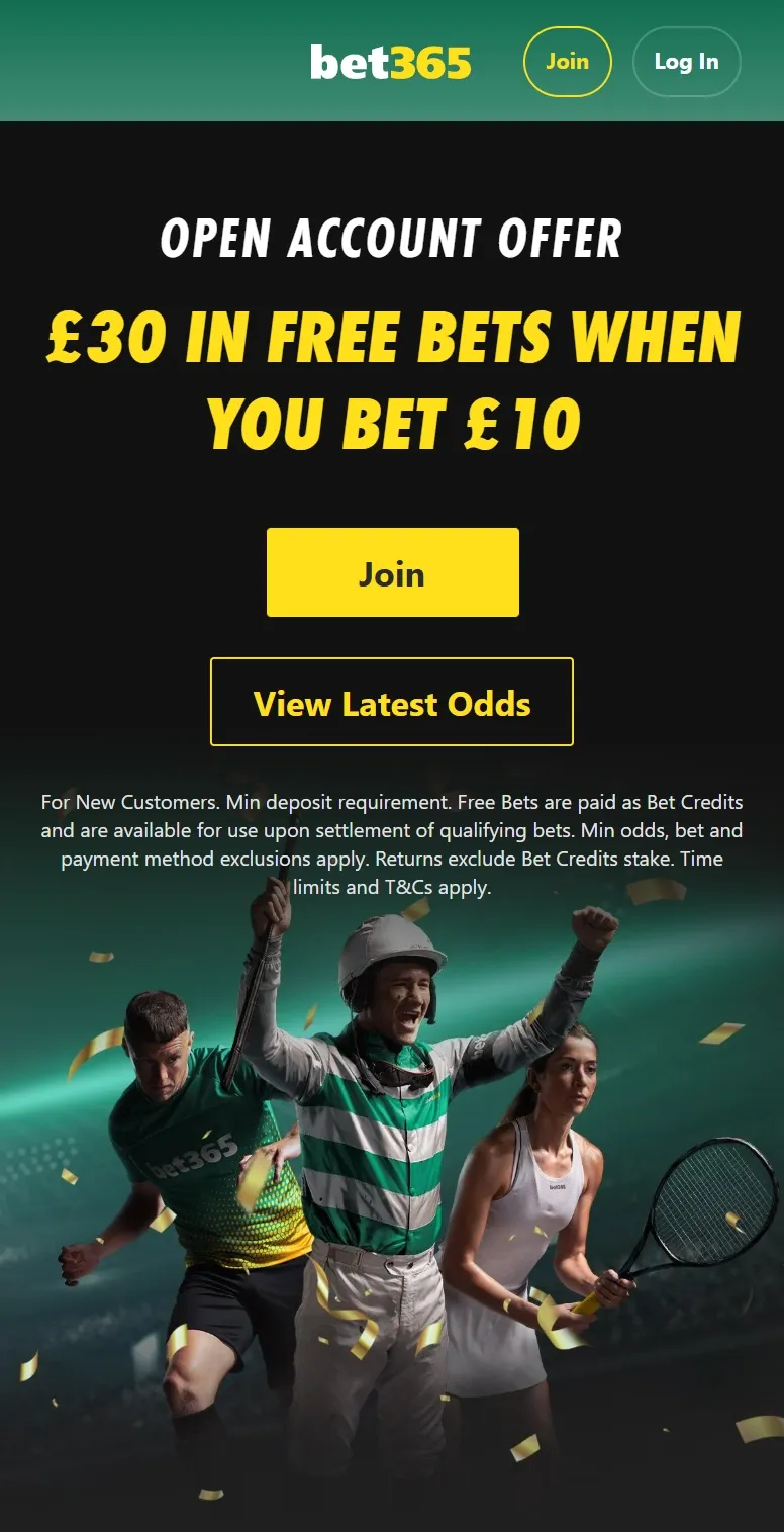 bet365 sign up sports offer: Get £30 in free bets when you bet £10, mobile screenshot