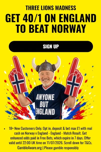 talksportbet world cup offer: england 40/1 boosted odds to beat norway