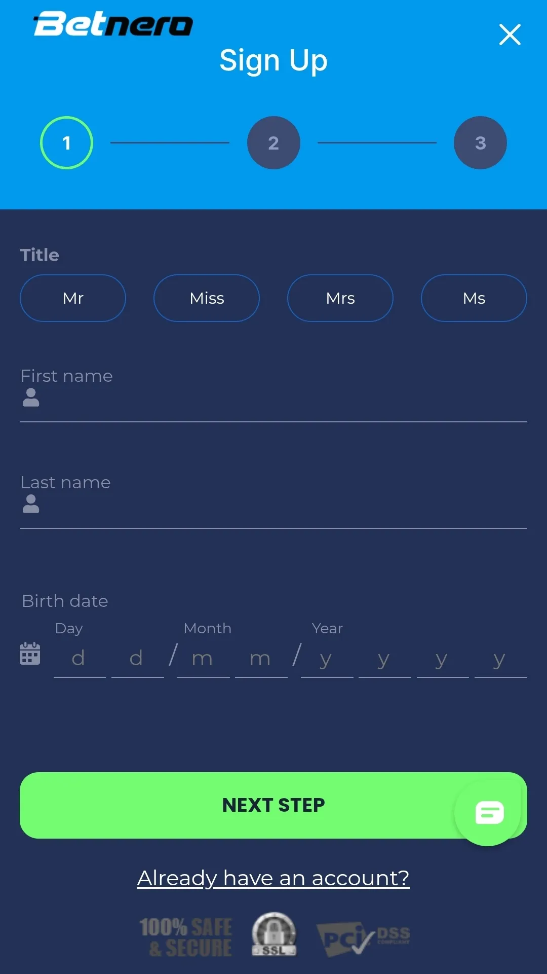 Betnero sign up page