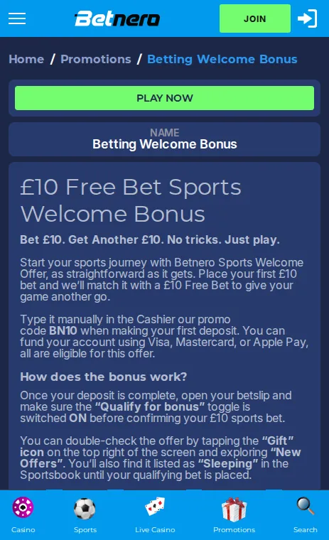 Betnero sports welcome bonus page on mobile: bet £10, get a £10 free bet