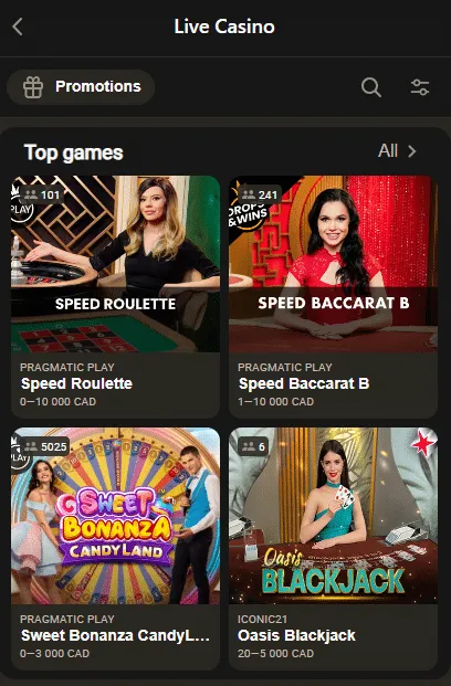 Browsing Parimatch Live Casino games with a welcome bonus offer for new users