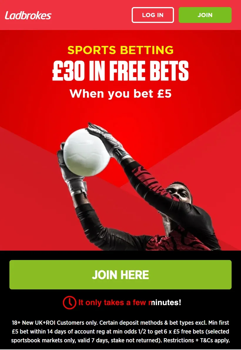 Ladbrokes sign up sports offer: Get £30 in free bets when you bet £5, mobile screenshot