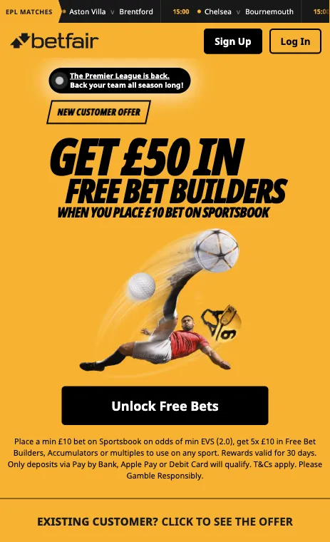 Betfair mobile offer page: get £50 in free Bet Builders when you place a £10 bet