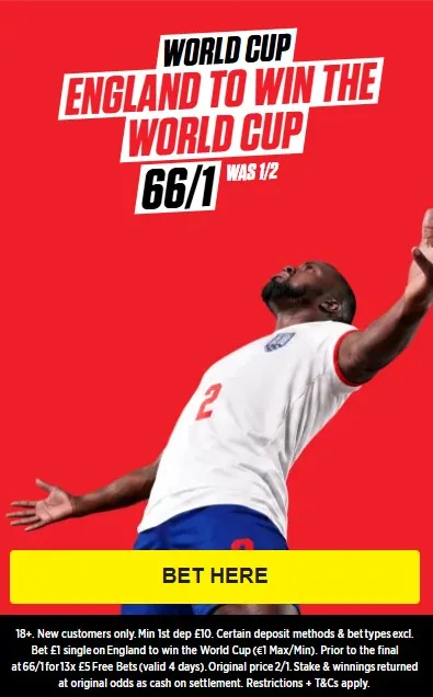 ladbrokes world cup 2026 offer: 66/1 on england to win the world cup