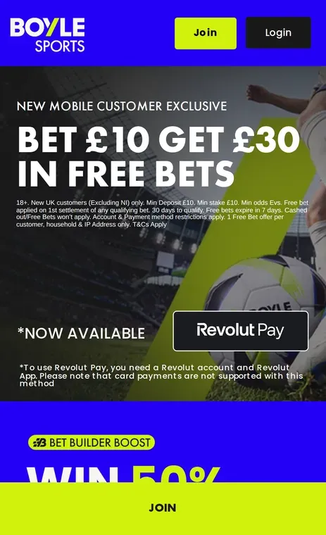 BOYLE Sports welcome offer: bet £10, get £30 in free bets
