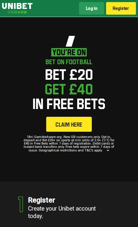 Unibet welcome offer on mobile: bet £20 on football, get £40 in free bets