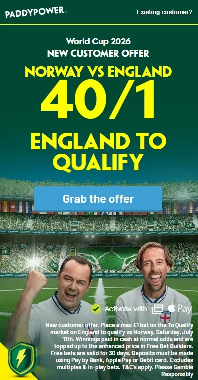 paddy power world cup offer: boosted odds of 40/1 on england to qualify