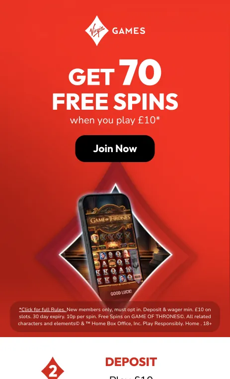 Virgin Games welcome offer of 70 free spins