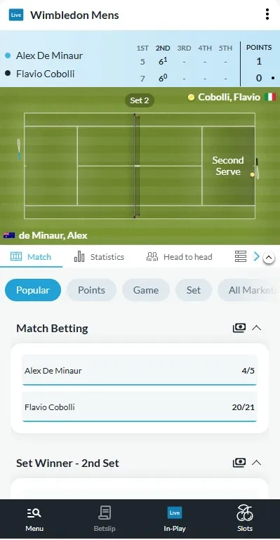betvictor in-play betting and featurese: wimbledon mens