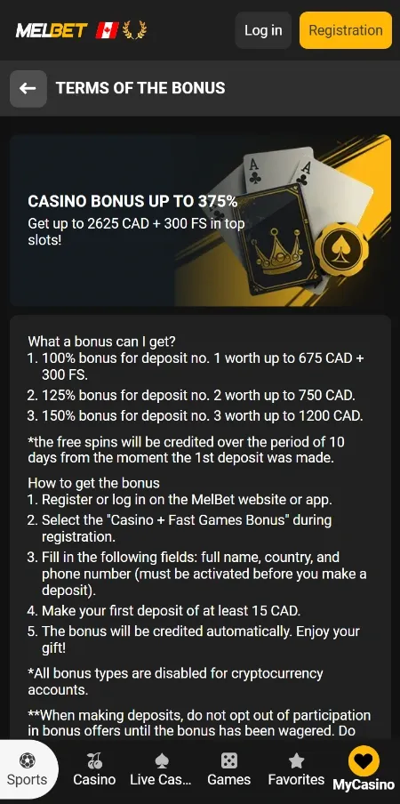 Melbet casino bonus 375%: 00% up to $675 + 300 FS (1st deposit), 125% up to $750 (2nd deposit), 150% up to $1,200 (3rd deposit)