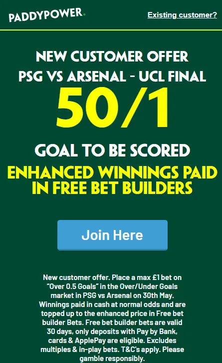 Paddy Power UCL final offer: 50/1 Over 0.5 Goals