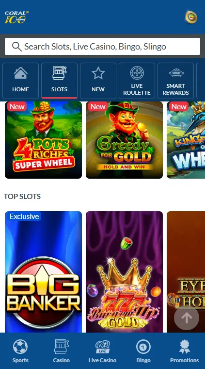 Coral casino game library with search bar and top slots