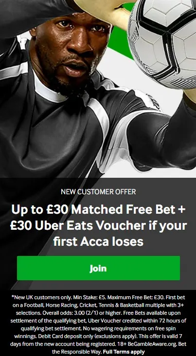 betway sign up offer: get up to £30matched free bet + £30 uber eats voucher if you first acca loses
