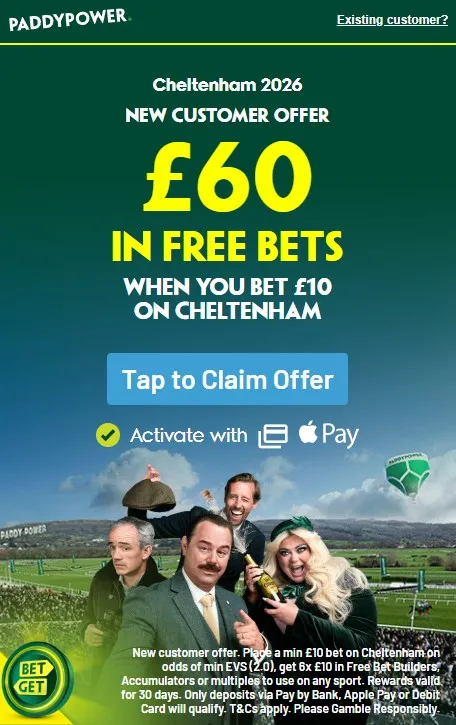 best cheltenham betting sites: paddy power 60 free bets sign up offer