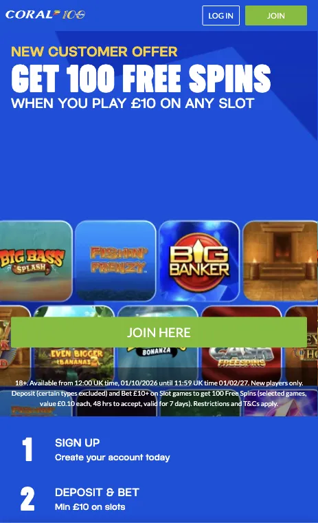 Coral Casino welcome offer of 100 free spins