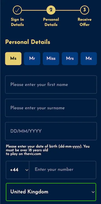 Sign up process at The Vic casino