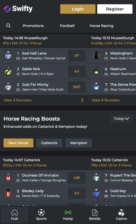 Swifty Sports mobile site with horse racing odds and racing price boosts
