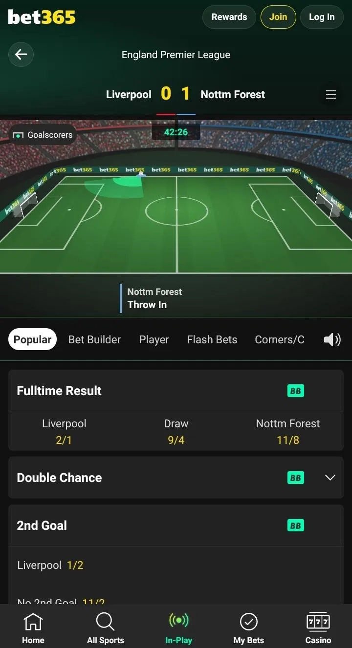 bet365 mobile in-play screen for Liverpool v Nottingham Forest