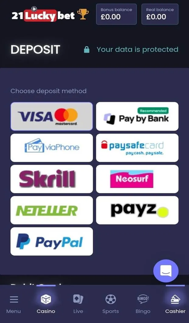 21Luckybet available deposit methods