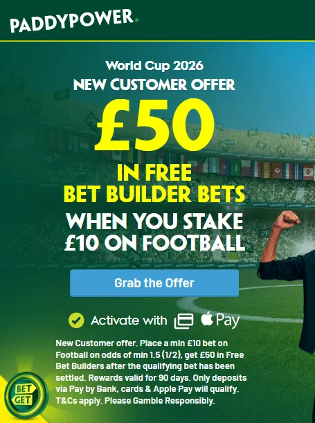 Paddy Power: bet £10 get £50 with the lowest odds and a 90-day expiry