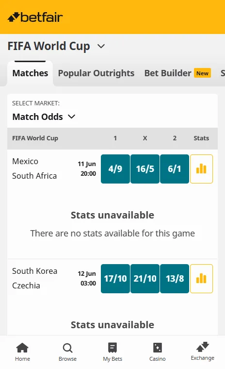 betfair opta stats not yet available for the 2026 FIFA world cup