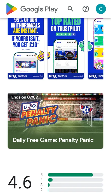 MrQ android app - withdrawals, trustpilot score, events and offers exclusive to mobile, and ratings and reviews (4.6/5 stars)