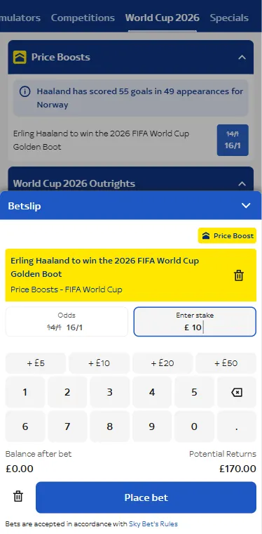 Bet boosters (odds boosts) Erling Haaland to win the 2026 FIFA World Cup Golden Boot