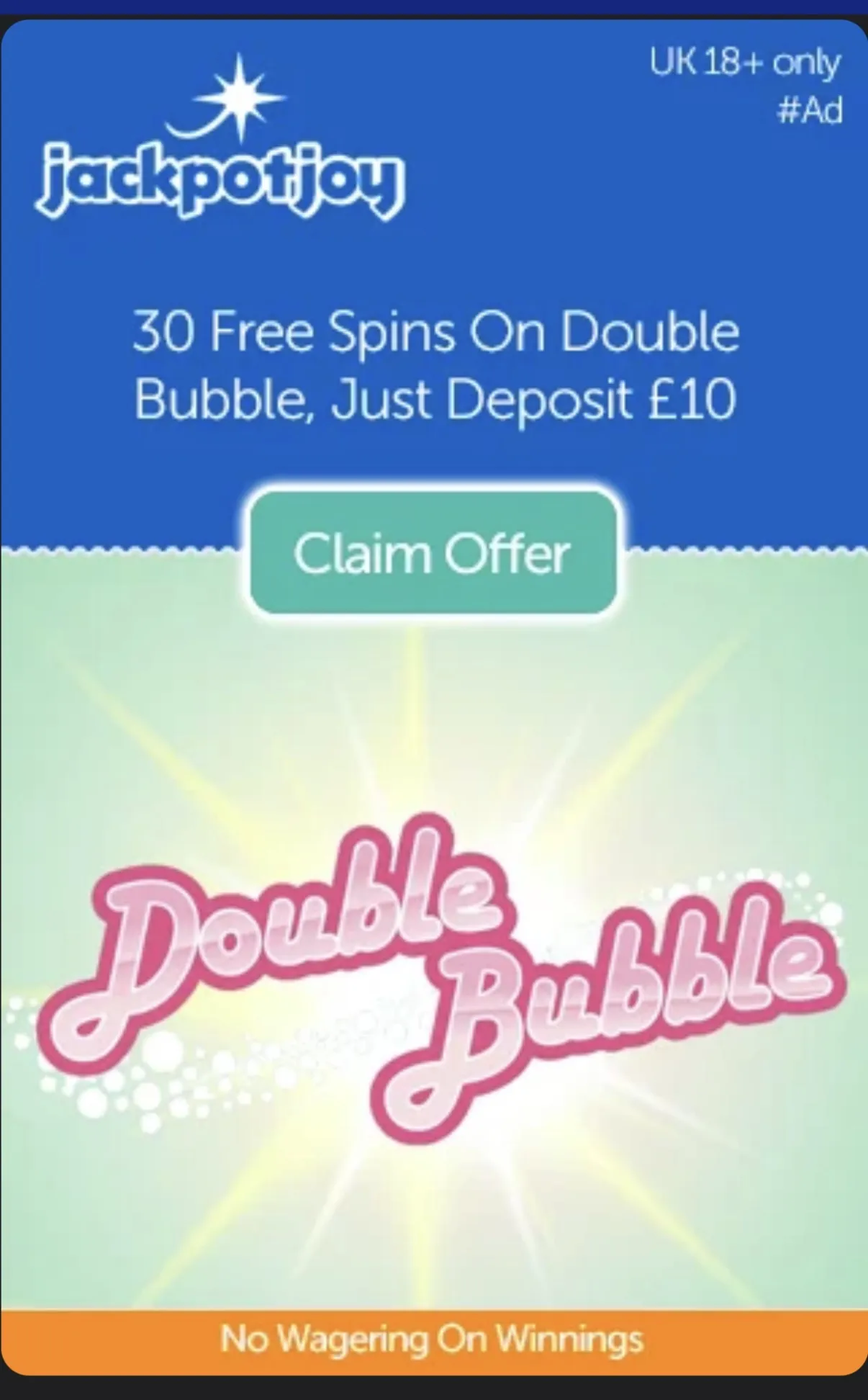 Jackpot Joy 30 free spins on Double Bubble