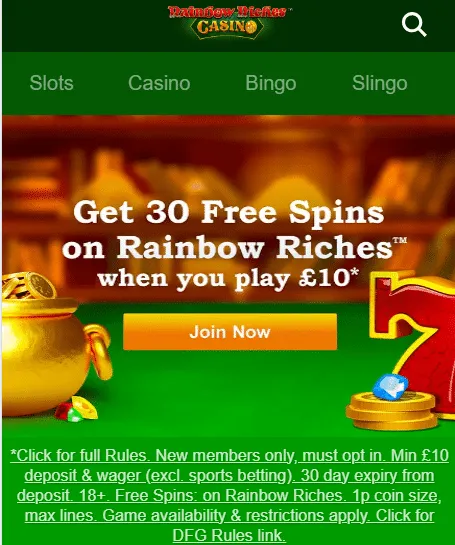 Special offer & promotions at rainbow riches
