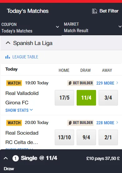 ladbrokes betting on Spanish La Liga matches - home, away, draw, real valladolid v girona fc today