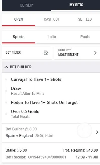 Choose Your Sport: Select the sport you want to bet on. For this guide, we chose to place a bet on the UEFA Euros 2024 match between Spain and England.