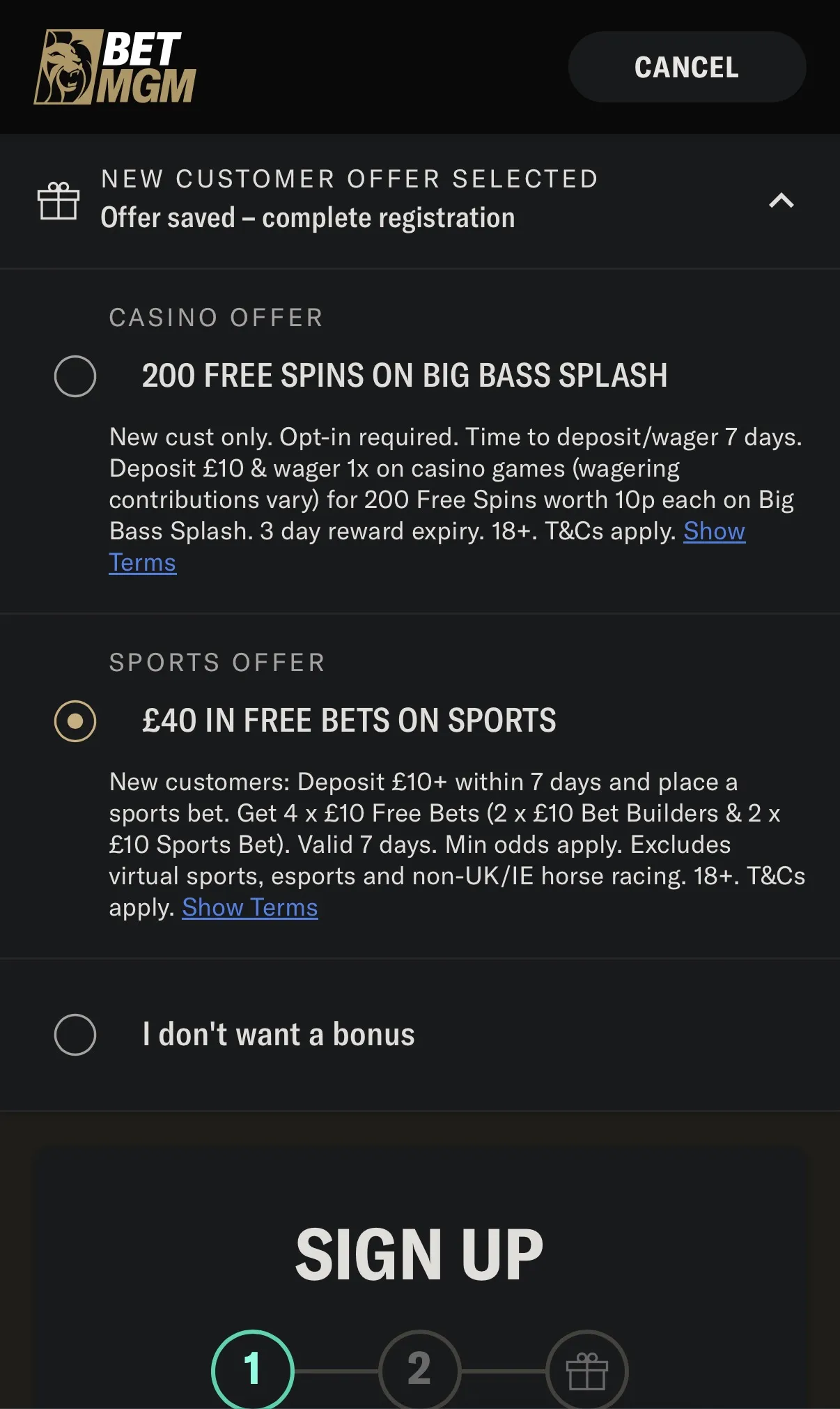 BetMGM sports welcome offer 40