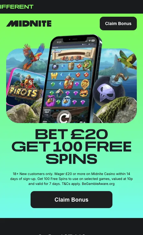 Midnite Casino welcome offer of 100 free spins