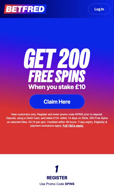 Betfred Casino welcome offer of 200 free spins