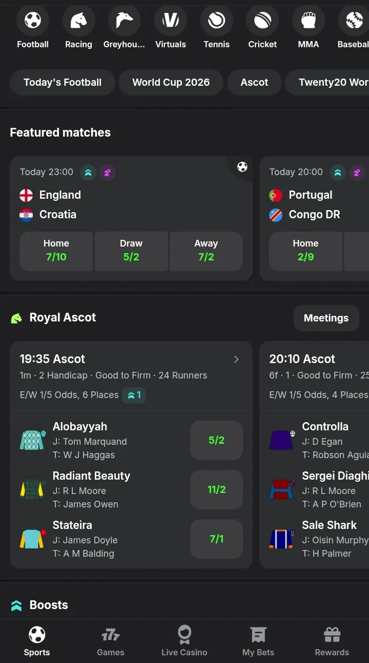 Sports betting options at Midnite: mobile screenshot of featured World Cup 2026 matches (England v Croatia and Portugal v Congo DR)