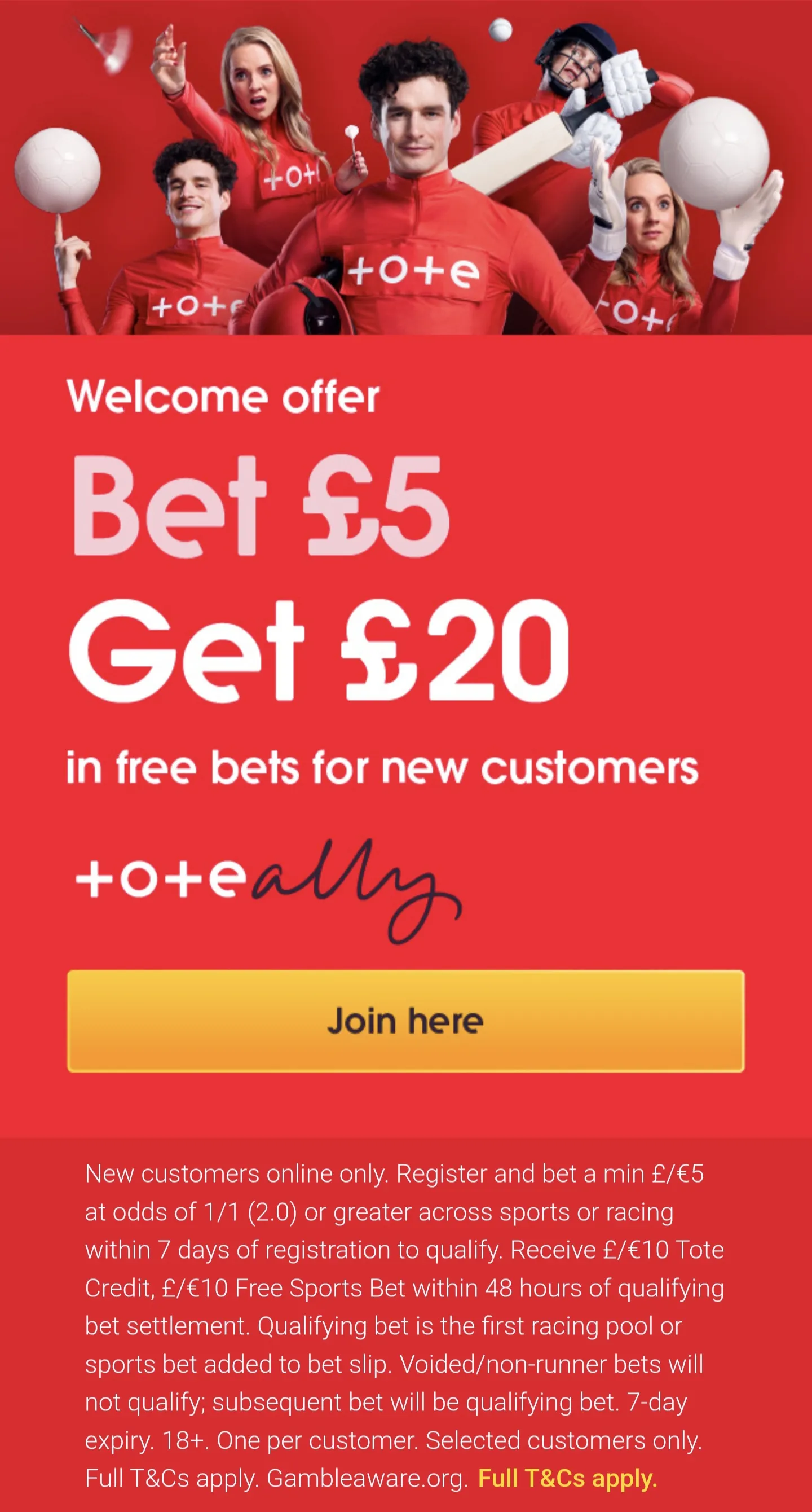 Tote welcome offer bet £5 get £20
