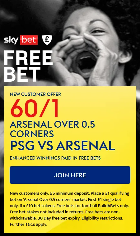 Sky Bet Champions League final offer: 60/1 Arsenal Over 0.5 Corners