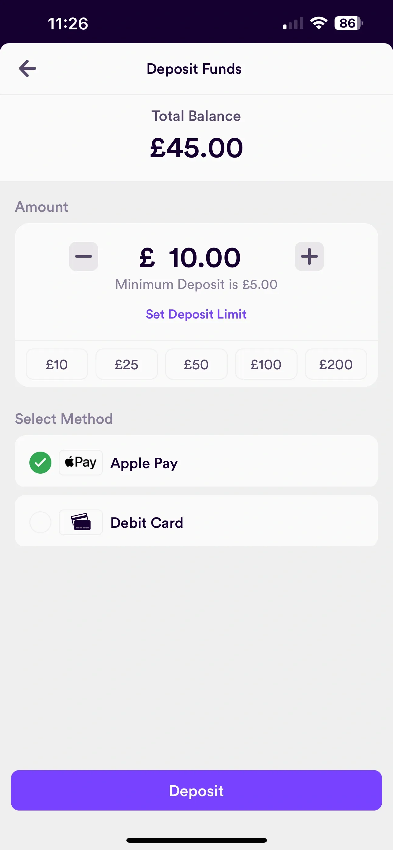 dabble uk deposit with Apple Pay: minimum £5 for all payment methods